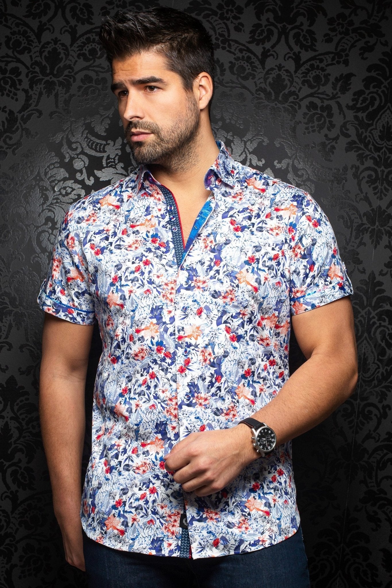 Short-Sleeve Shirt | Inova Floral Red Navy - AUNOIR