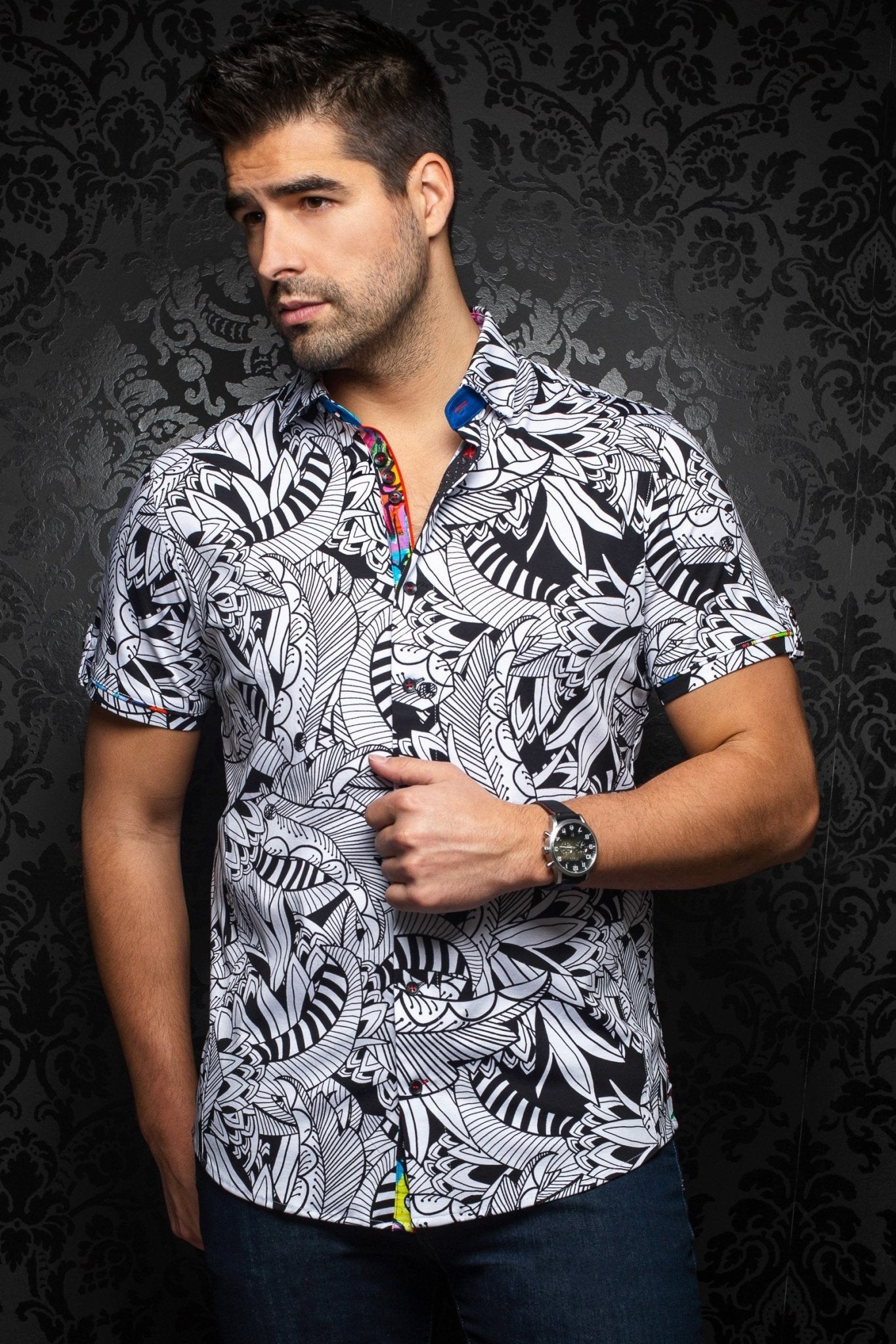 Stretch Short Sleeve Shirt | Selva White Black - AUNOIR
