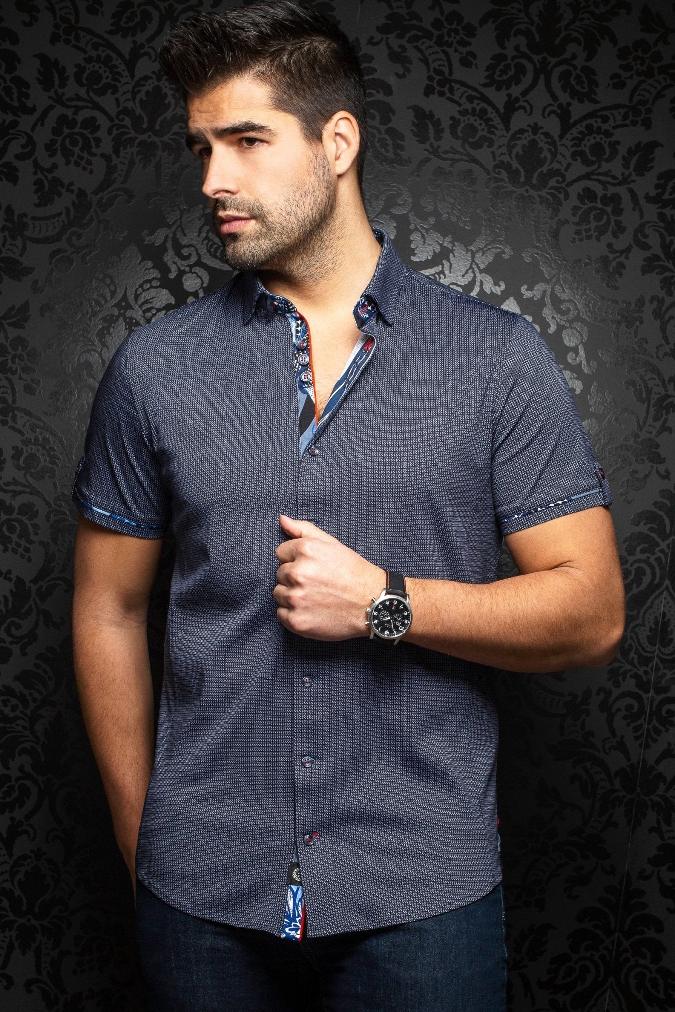 Stretch Short Sleeve Shirt | Valdes Navy - AUNOIR