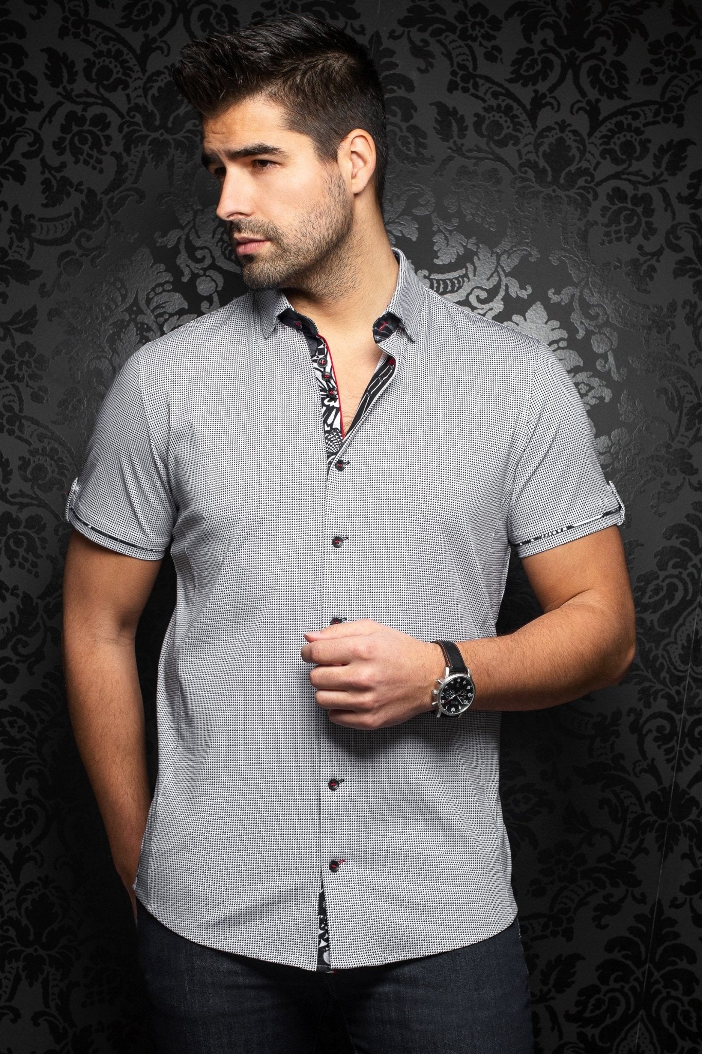 Stretch Short Sleeve Shirt | Valdes White Grey - AUNOIR
